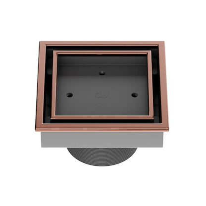 QM Drain Lagos Veil (Tile-In) Square Drain 4" in Bronze finish, featuring a sleek stainless-steel channel with a concealed grate design for seamless tile integration. This drain offers efficient water drainage and a modern minimalist aesthetic, perfect for luxury shower and bathroom installations.