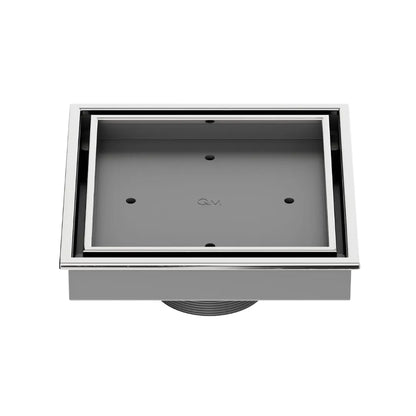 QM Drain Lagos Veil (Tile-In) Square Drain 5¾” in Polished finish, featuring a sleek stainless-steel channel with a concealed grate design. This drain allows seamless tile integration, providing efficient water drainage while maintaining a modern, minimalist aesthetic for high-end shower and bathroom installations.