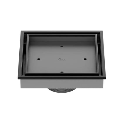 QM Drain Lagos Veil (Tile-In) Square Drain 5¾” in Black finish, featuring a sleek stainless-steel channel with a concealed grate design. This drain allows seamless tile integration, providing efficient water drainage while maintaining a modern, minimalist aesthetic for high-end shower and bathroom installations.