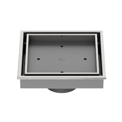 QM Drain Lagos Veil (Tile-In) Square Drain 5¾” in Satin finish, featuring a sleek stainless-steel channel with a concealed grate design. This drain allows seamless tile integration, providing efficient water drainage while maintaining a modern, minimalist aesthetic for high-end shower and bathroom installations.