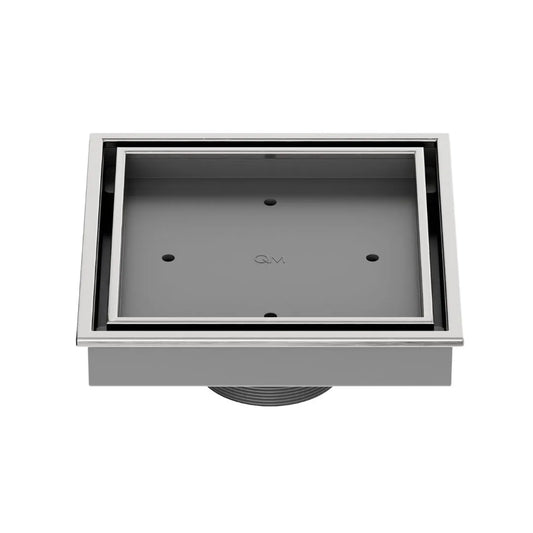 QM Drain Lagos Veil (Tile-In) Square Drain 5¾” in Satin finish, featuring a sleek stainless-steel channel with a concealed grate design. This drain allows seamless tile integration, providing efficient water drainage while maintaining a modern, minimalist aesthetic for high-end shower and bathroom installations.