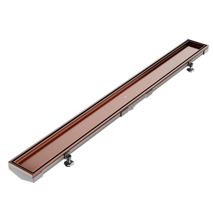 QM Drain Mist (Tile-In) Adjustable Lagos Linear Drain with 2-inch outlet in Bronze finish, featuring a stainless-steel channel with fine perforated 'mist' grate. This adjustable drain offers seamless tile integration, efficient water drainage, and a modern minimalist aesthetic for luxury shower installations.