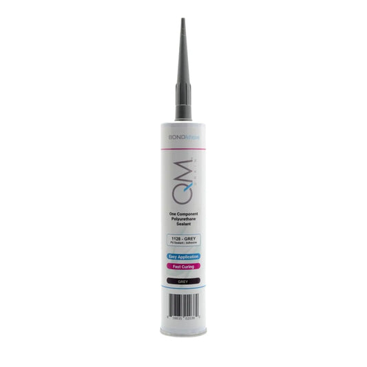 One-component polyurethane sealant adhesive in grey, designed for fast curing and easy application in shower drain and pan installations.