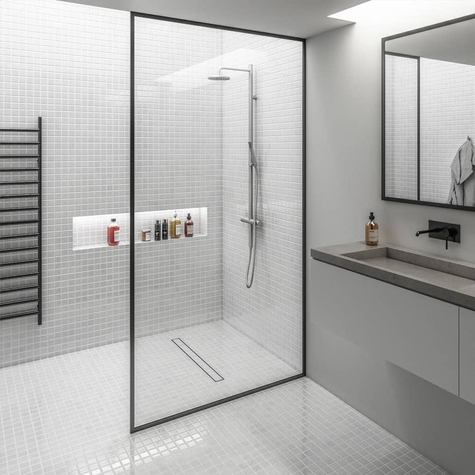 Full shower view featuring Bay 2-in-1 Linear Drain by QM Drain. Installed flush with the tile floor, the drain enhances the clean design of a modern, spacious walk-in shower.