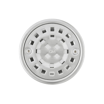 Front view of Bay Round Center Drain by QM Drain. Stainless steel round grate with center outlet shown in detail for a clean, functional shower drain solution.