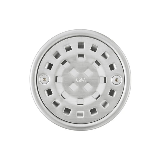 Round stainless steel shower drain featuring the Ria grate design with center outlet for tile shower installations.