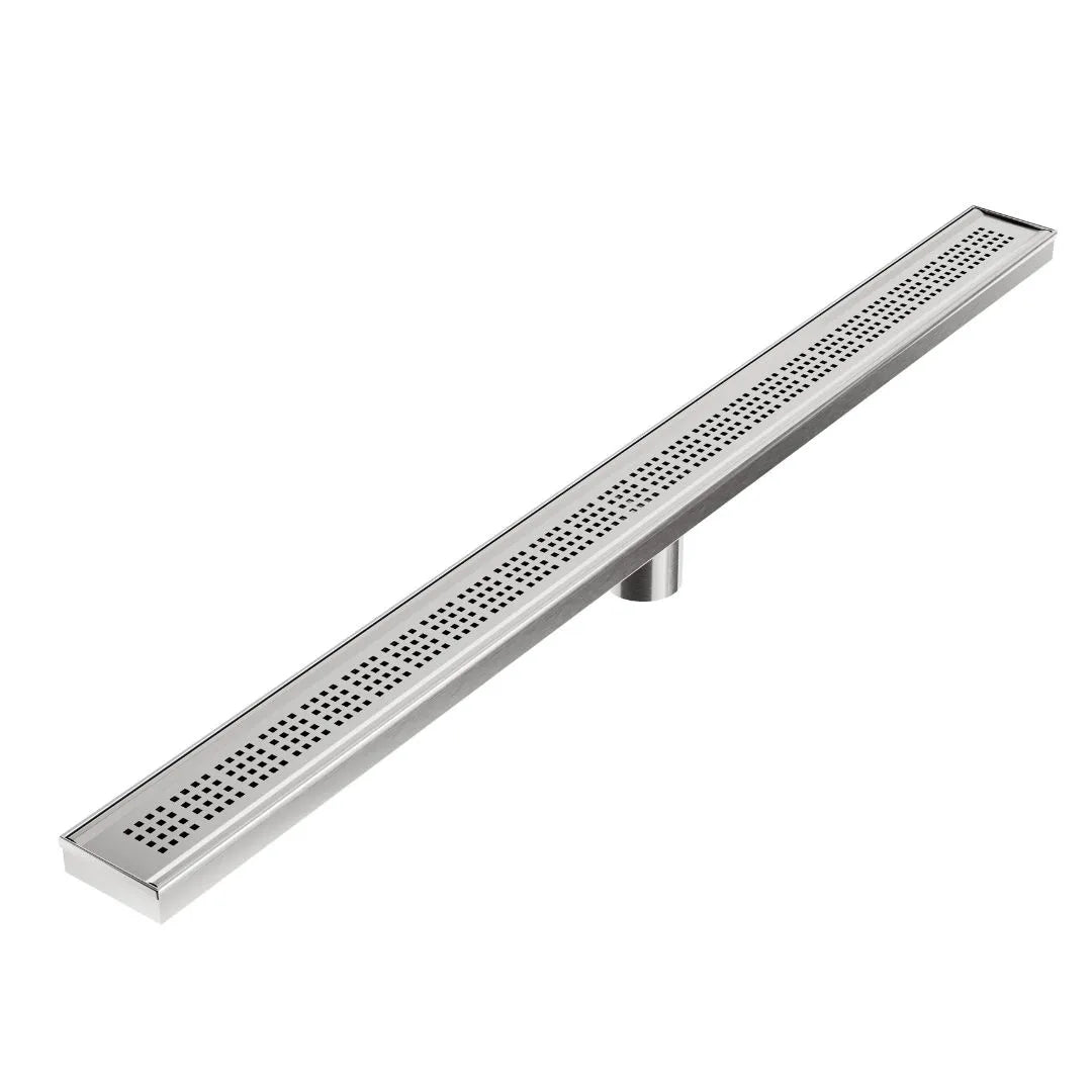 Modern bathroom scene featuring the QM Drain Bay Linear Drain installed along a marble shower threshold, showcasing its sleek stainless-steel profile, low-maintenance design, and rapid water evacuation for upscale residential or commercial spaces