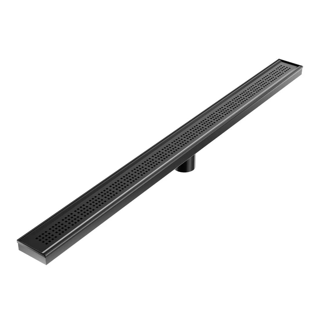 Modern bathroom scene featuring the QM Drain Bay Linear Drain installed along a marble shower threshold, showcasing its sleek stainless-steel profile, low-maintenance design, and rapid water evacuation for upscale residential or commercial spaces