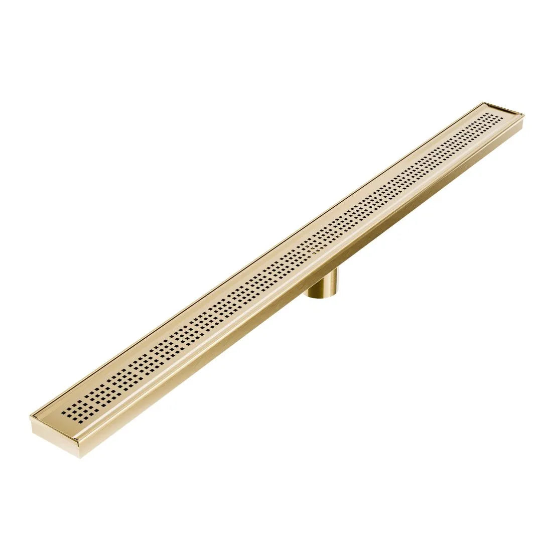 Modern bathroom scene featuring the QM Drain Bay Linear Drain installed along a marble shower threshold, showcasing its sleek stainless-steel profile, low-maintenance design, and rapid water evacuation for upscale residential or commercial spaces