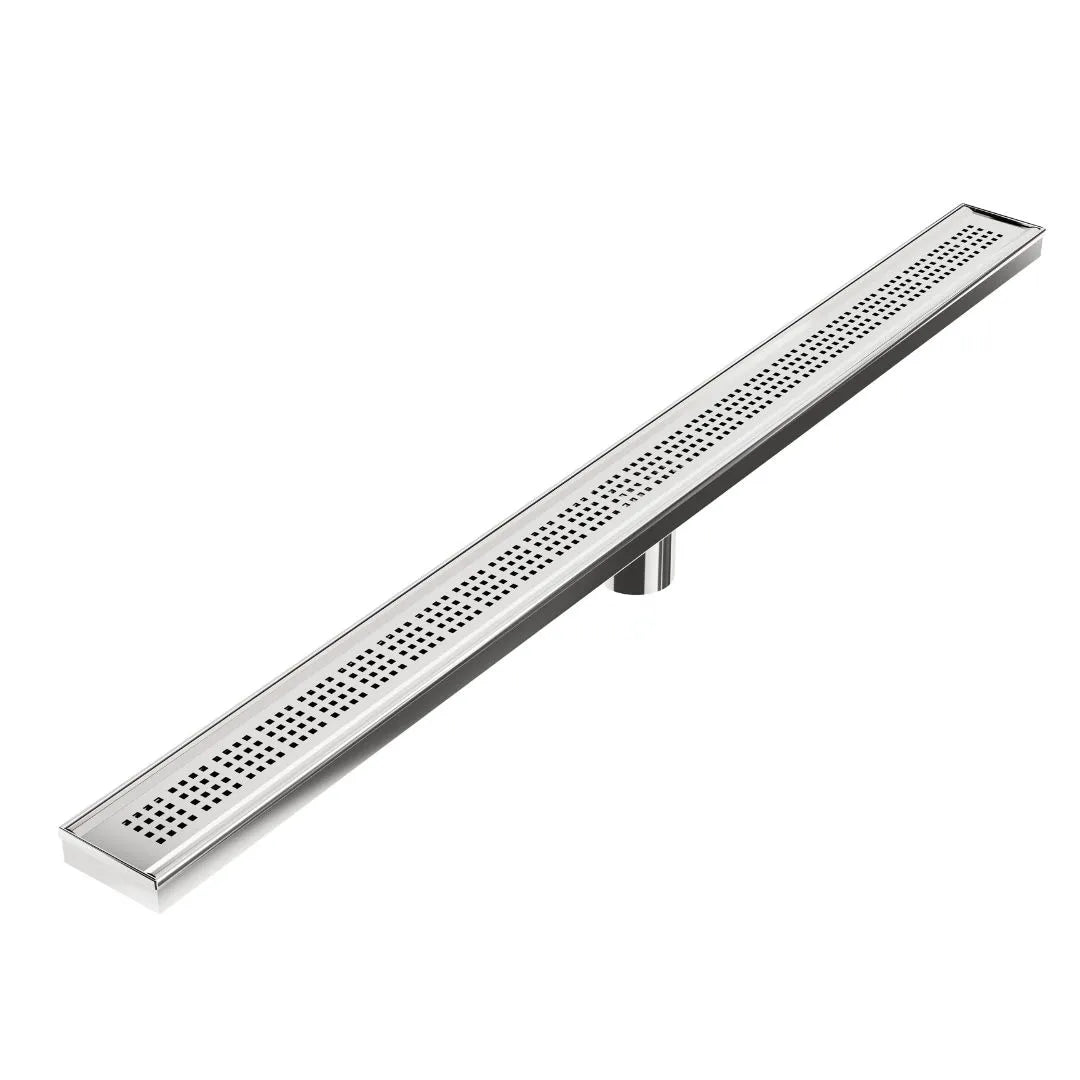 Brushed stainless steel linear shower channel drain with perforated grate and center outlet connection.