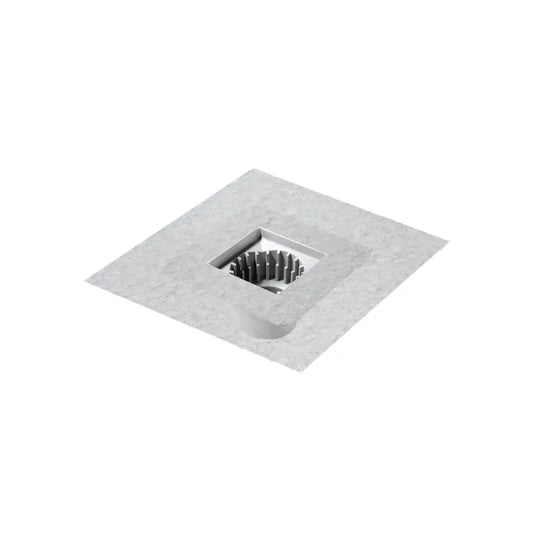 Bonded square drain flange for shower pan installations, available in PVC and ABS with a secure 2-inch outlet connection for durable water flow.
