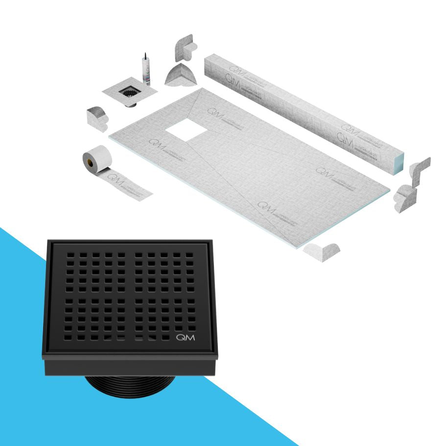 QM Drain Curb Kai Shower Pan Kit with Off center Square Center Drain in Black finish, featuring a sleek stainless-steel grate with fine square perforations. This kit ensures efficient water drainage, seamless tile integration, and a modern minimalist aesthetic for high-end shower and bathroom installations.