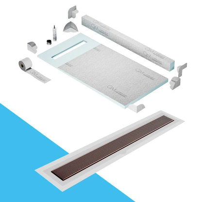 QM Drain Curb Shower Pan with Delmar Wedgewire Flange Edge Linear Drain, stainless-steel grate featuring linear wedge-wire design, integrated flange for efficient water drainage, contemporary style, available in Satin, Gold, Bronze, Polished, and Black finishes.