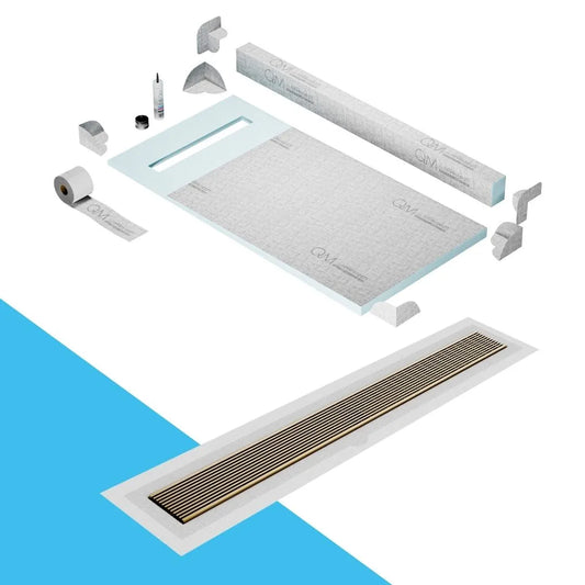 QM Drain Curb Shower Pan with Delmar Wedgewire Flange Edge Linear Drain, stainless-steel grate featuring linear wedge-wire design, integrated flange for efficient water drainage, contemporary style, available in Satin, Gold, Bronze, Polished, and Black finishes.