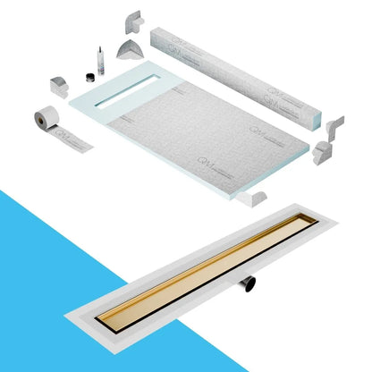 QM Drain Curb Shower Pan with Delmar Mist Tile-In Side Outlet Linear Drain, stainless-steel grate allowing seamless tile integration, 'mist' perforations, modern aesthetics, available in Satin, Gold, Bronze, Polished, and Black finishes.