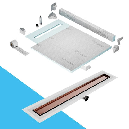 QM Drain Curb Shower Pan with Delmar Mist Tile-In Side Outlet Linear Drain, stainless-steel grate allowing seamless tile integration, 'mist' perforations, modern aesthetics, available in Satin, Gold, Bronze, Polished, and Black finishes.