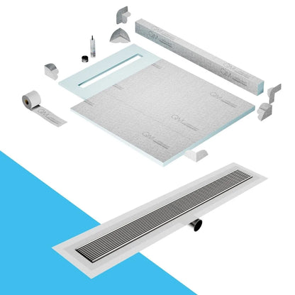 QM Drain Curb Shower Pan with Delmar Wedgewire Side Outlet Linear Drain, stainless-steel linear wedge-wire grate for efficient drainage and contemporary style, offered in, Gold, Bronze, Polished, and Black finishes.