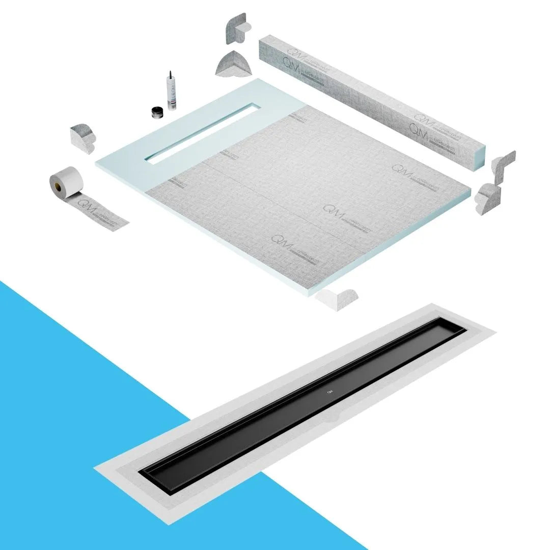 QM Drain Curb Shower Pan with Delmar Mist Tile-In Flange Edge Linear Drain, stainless-steel grate allowing seamless tile integration, featuring fine 'mist' perforations, integrated flange, minimalist aesthetics, offered in Satin, Gold, Bronze, Polished, and Black finishes.