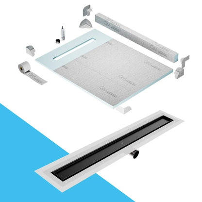 QM Drain Curb Shower Pan with Delmar Mist Tile-In Side Outlet Linear Drain, stainless-steel grate allowing seamless tile integration, 'mist' perforations, modern aesthetics, available in Satin, Gold, Bronze, Polished, and Black finishes.