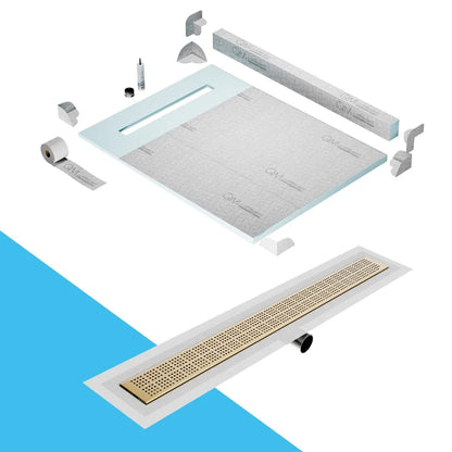QM Drain Curb Shower Pan with Delmar Delta Side Outlet Linear Drain, featuring stainless-steel grate with modern square perforations, efficient drainage, available in Satin, Gold, Bronze, Polished, and Black finishes.