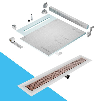 QM Drain Curb Shower Pan with Delmar Delta Side Outlet Linear Drain, featuring stainless-steel grate with modern square perforations, efficient drainage, available in Satin, Gold, Bronze, Polished, and Black finishes.