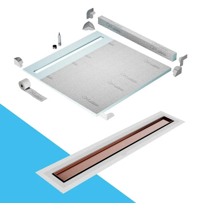 QM Drain Curb Shower Pan with Delmar Mist Tile-In Flange Edge Linear Drain, stainless-steel grate allowing seamless tile integration, featuring fine 'mist' perforations, integrated flange, minimalist aesthetics, offered in Satin, Gold, Bronze, Polished, and Black finishes.