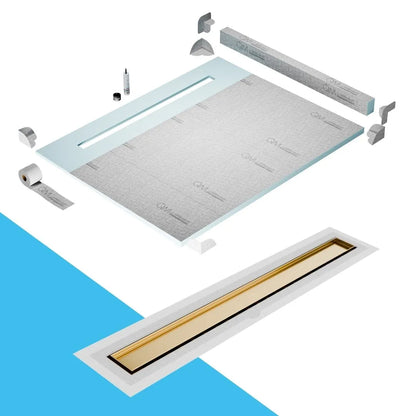 QM Drain Curb Shower Pan with Delmar Mist Tile-In Flange Edge Linear Drain, stainless-steel grate allowing seamless tile integration, featuring fine 'mist' perforations, integrated flange, minimalist aesthetics, offered in Satin, Gold, Bronze, Polished, and Black finishes.