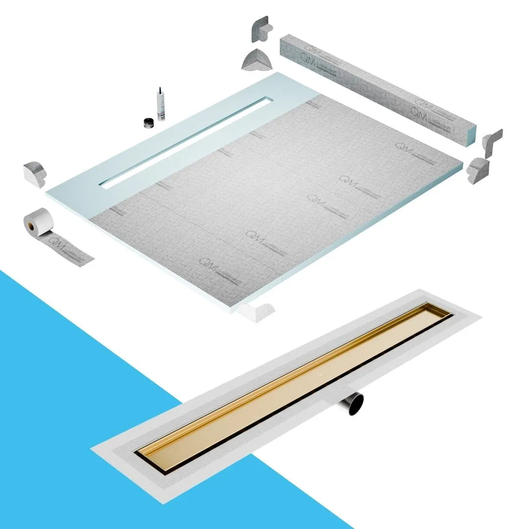 QM Drain Curb Shower Pan with Delmar Mist Tile-In Side Outlet Linear Drain, stainless-steel grate allowing seamless tile integration, 'mist' perforations, modern aesthetics, available in Satin, Gold, Bronze, Polished, and Black finishes.