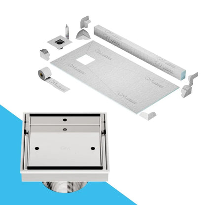 QM Drain Curb Shower Pan with Delmar Mist Tile-In Off-Center Square Drain, stainless-steel grate integrating bathroom tile seamlessly, minimalist aesthetics, available in Satin, Gold, Bronze, Polished, and Black.