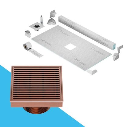 QM Drain Curb Shower Pan with Delmar Wedgewire Center Square Drain, stainless-steel grate featuring linear wedge-wire design, providing contemporary style, efficient drainage, available in Satin, Gold, Bronze, Polished, and Black.