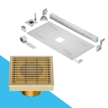 QM Drain Curb Shower Pan with Delmar Wedgewire Center Square Drain, stainless-steel grate featuring linear wedge-wire design, providing contemporary style, efficient drainage, available in Satin, Gold, Bronze, Polished, and Black.