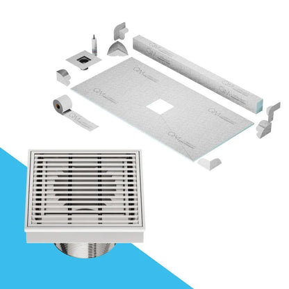 QM Drain Curb Shower Pan with Delmar Wedgewire Center Square Drain, stainless-steel grate featuring linear wedge-wire design, providing contemporary style, efficient drainage, available in Satin, Gold, Bronze, Polished, and Black.