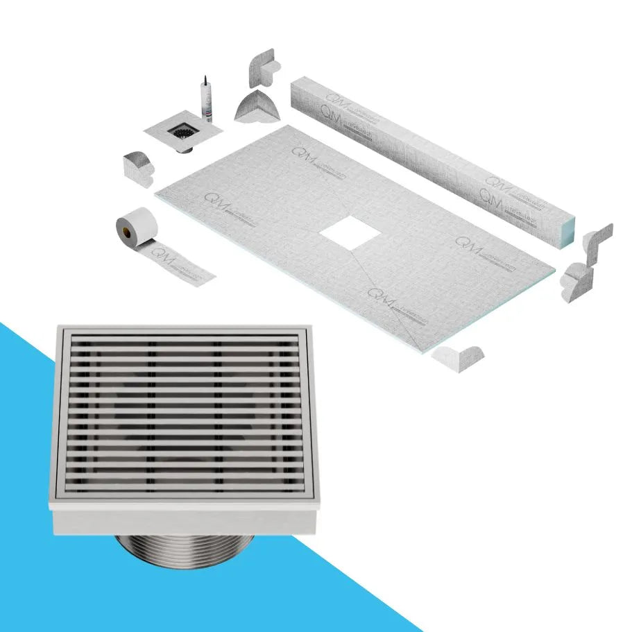 QM Drain Curb Shower Pan with Delmar Wedgewire Center Square Drain, stainless-steel grate featuring linear wedge-wire design, providing contemporary style, efficient drainage, available in Satin, Gold, Bronze, Polished, and Black.