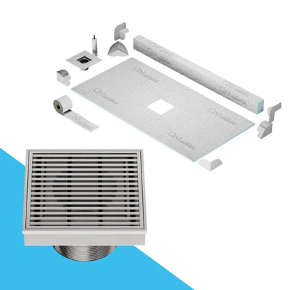 QM Drain Curb Shower Pan with Delmar Wedgewire Center Square Drain, stainless-steel grate featuring linear wedge-wire design, providing contemporary style, efficient drainage, available in Satin, Gold, Bronze, Polished, and Black.