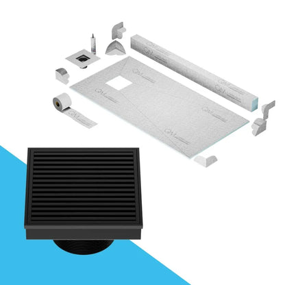 QM Drain Curb Shower Pan with Delmar Wedgewire Off-Center Square Drain, contemporary linear stainless-steel grate design, optimal drainage performance, available in premium Satin, Gold, Bronze, Polished, and Black.