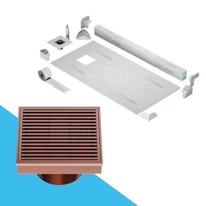 QM Drain Curb Shower Pan with Delmar Wedgewire Off-Center Square Drain, contemporary linear stainless-steel grate design, optimal drainage performance, available in premium Satin, Gold, Bronze, Polished, and Black.