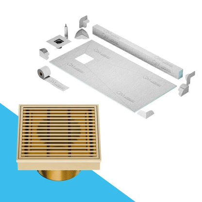 QM Drain Curb Shower Pan with Delmar Wedgewire Off-Center Square Drain, contemporary linear stainless-steel grate design, optimal drainage performance, available in premium Satin, Gold, Bronze, Polished, and Black.