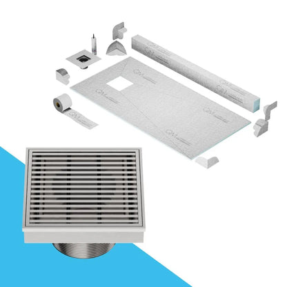 QM Drain Curb Shower Pan with Delmar Wedgewire Off-Center Square Drain, contemporary linear stainless-steel grate design, optimal drainage performance, available in premium Satin, Gold, Bronze, Polished, and Black.