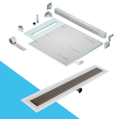 Prefab Shower Pan Kit with Curb and Wedgewire Linear Drain