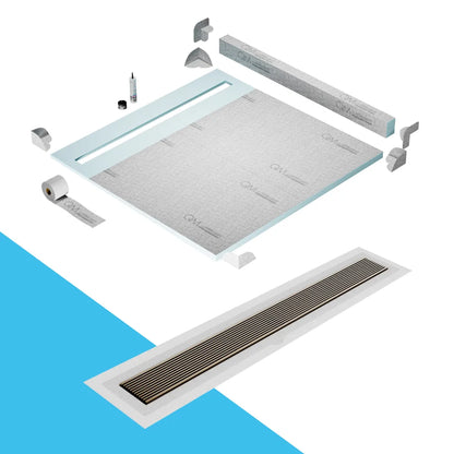Prefab Shower Pan Kit with Curb and Wedgewire Linear Drain