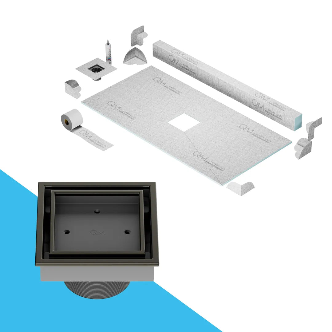 Prefab Shower Pan Kit with Curb and Veil (Tile-In) Square Drain