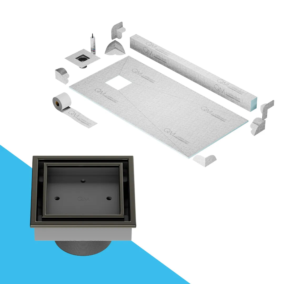 Prefab Shower Pan Kit with Curb and Veil (Tile-In) Square Drain