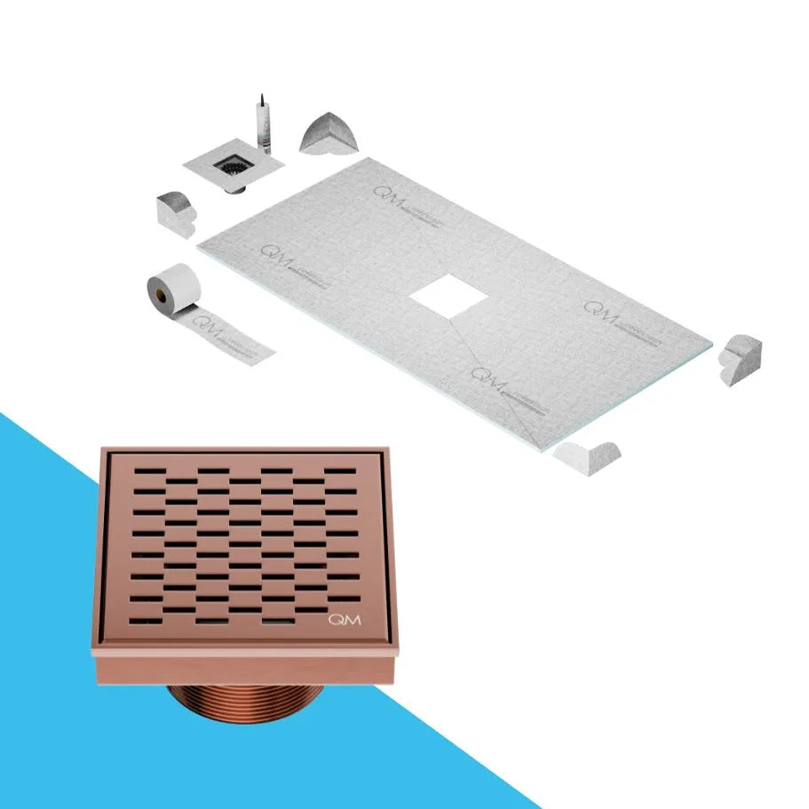 QM Drain Curbless Shower Pan with Delmar Delta Center Square Drain, featuring a stainless-steel square-pattern grate for modern, efficient drainage, available in premium Satin, Gold, Bronze, Polished, and Black finishes.