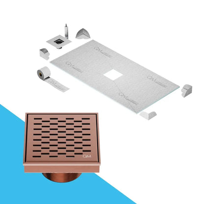 QM Drain Curbless Shower Pan with Delmar Delta Center Square Drain, featuring a stainless-steel square-pattern grate for modern, efficient drainage, available in premium Satin, Gold, Bronze, Polished, and Black finishes.