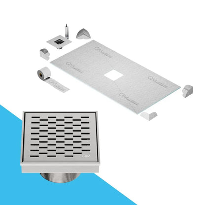 QM Drain Curbless Shower Pan with Delmar Delta Center Square Drain, featuring a stainless-steel square-pattern grate for modern, efficient drainage, available in premium Satin, Gold, Bronze, Polished, and Black finishes.