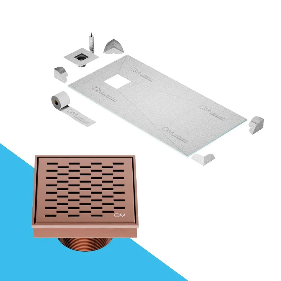 QM Drain Curbless Shower Pan with Delmar Delta Off Center Square Drain, featuring a stainless-steel square-pattern grate for modern, efficient drainage, available in premium Satin, Gold, Bronze, Polished, and Black finishes.
