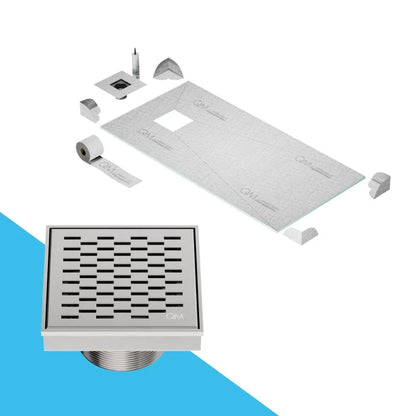 QM Drain Curbless Shower Pan with Delmar Delta Off Center Square Drain, featuring a stainless-steel square-pattern grate for modern, efficient drainage, available in premium Satin, Gold, Bronze, Polished, and Black finishes.