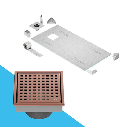 QM Drain Curbless Shower Pan with Lagos Mira Off Center Square Drain, stainless-steel fine-perforated grate, providing effective water drainage, contemporary design, available in Satin, Gold, Bronze, Polished, and Black.