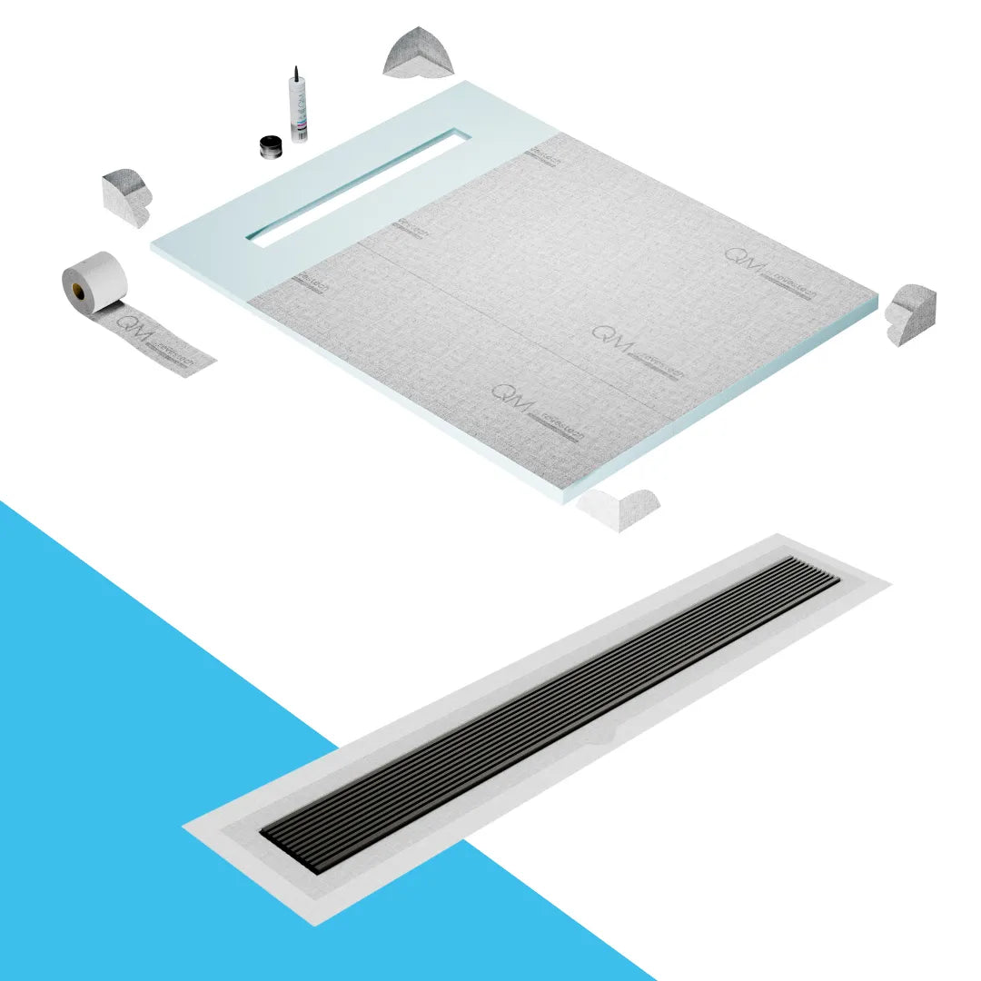 QM Drain Prefab Shower Pan Kit paired with Delta Linear Drain Kit 48" in Luxe Gray Flange Edge Wedgewire finish. This system provides seamless tile integration, efficient water drainage, and a high-quality polished aesthetic, making it ideal for luxury shower installations with a modern side outlet configuration.