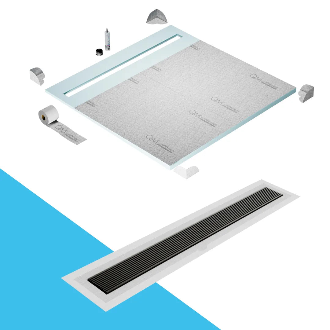 QM Drain Prefab Shower Pan Kit paired with Delta Linear Drain Kit 64" in Luxe Gray Flange Edge Wedgewire finish. This system provides seamless tile integration, efficient water drainage, and a high-quality polished aesthetic, making it ideal for luxury shower installations with a modern side outlet configuration.